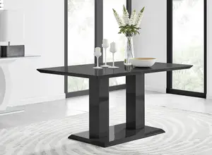 Imperia Black High Gloss 6 Seater Dining Table with Structural 2 Plinth Column Legs 6 Grey Velvet Black Leg Calla Art Deco Chairs