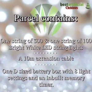 Bright White Black Cable Connectable Indoor & Outdoor Garden Party Weatherproof LED String Lights (400 LED's (40m), Battery Box)