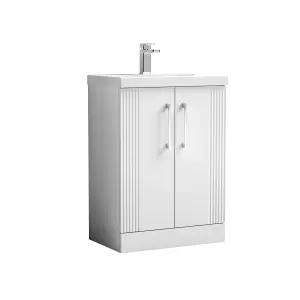 Retro 2 Door Floor Standing Vanity Unit with Mid-Edge 1 Tap Hole Ceramic Basin - 600mm - Satin White - Balterley