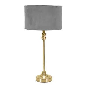 ValueLights Maggie Gold Metal Candlestick Slim Table Lamp with Grey Velvet Drum Lamp Shade and LED Bulb