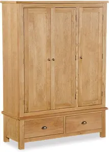 Oak World Ancroft Oak Triple Wardrobe 3 Doors & 2 Drawers With A Natural Waxed Finish & Bronzed Handles