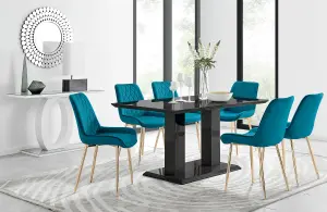 Imperia Black High Gloss 6 Seater Dining Table with Structural 2 Plinth Column Legs 6 Blue Velvet Gold Leg Pesaro Chairs