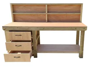 Wooden Eucalyptus top tool cabinet workbench with storage shelf (V.7)  (H-90cm, D-70cm, L-240cm) with back panel