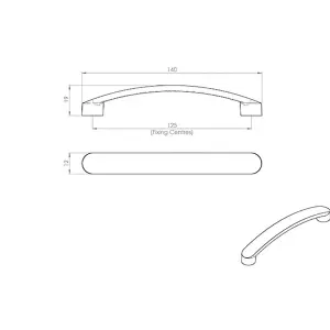 2x Flat Fronted Bow Pull Handle 140 x 12mm 128mm Fixing Centres Satin Nickel