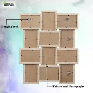 Arpan Multi Aperture Picture Wooden Photo Frame Holds 12 x 6 x4 Photos, Collage Picture Wall-Mounted Frame (Natural)