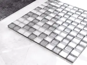 Glass mosaic on mesh for bathroom or kitchen 300mm x 300mm - Silver White