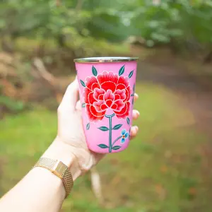 BillyCan Hand-Painted Picnic Cups - 400ml - Raspberry Peony - Pack of 6