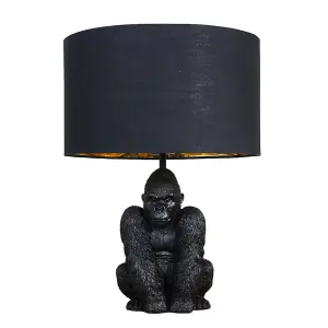 ValueLights Modern Matt Black Sitting Gorilla Monkey Table Lamp With Black Gold Drum Shade