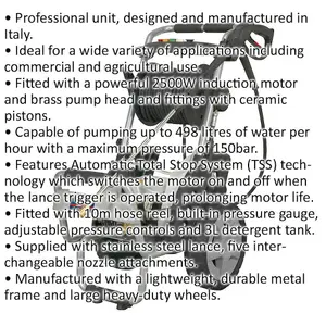 Premium Pressure Washer with Total Stop System & Nozzle Set - 10m Hose - 150bar