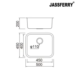 JASSFERRY Undermount Stainless Steel Kitchen Sink 1.0 Single Bowl, 500 x 450 mm