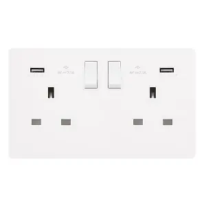 White Metal Screwless Plate 2 Gang 13A DP   2 USB Twin Double Switched Plug Socket - White Trim - SE Home