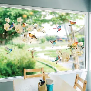 White Magnolia Flowers with Birds Spring Window Clings