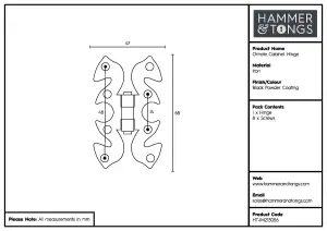 Hammer & Tongs Ornate Cabinet Hinge - H70mm - Black - Pack of 2