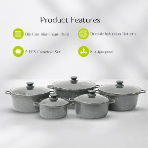 Royalford 5 Piece Die-Cast Aluminium Cookware Set Grey Casserole Dish Stock Cooking Pot