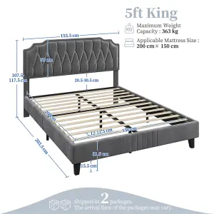 Yaheetech Dark Grey 5ft King Upholstered Bed Frame with Button-Tufted Adjustable Headboard and Wooden Slat Support