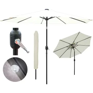 GlamHaus Garden Parasol Solar LED 2.7M ,Tilting Table Umbrella with Crank Handle, Protection UV40, Includes Parasol Cover- Cream