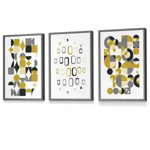 Set of 3 Mid Century Graphical Grey Yellow Art Prints / 42x59cm (A2) / Dark Grey Frame