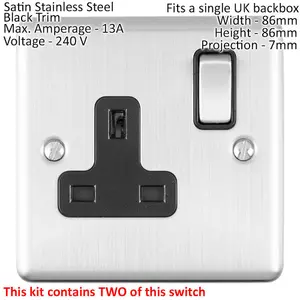 SATIN STEEL Bedroom Socket & Switch Set - 1x Light Switch & 2x UK Power Sockets