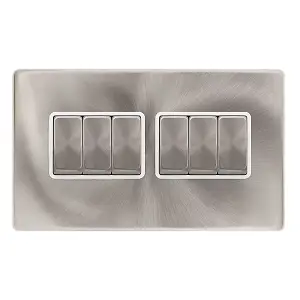 Brushed Steel Screwless Plate 10A 6 Gang 2 Way Ingot Light Switch - White Trim - SE Home