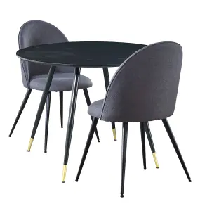 Hallowood Furniture Finley Small Round Dining Table in Black Finish with 2 Curved Back Grey Fabric Chairs