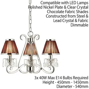 Esher Ceiling Pendant Chandelier Nickel Crystal & Brown Shades 3 Lamp Light