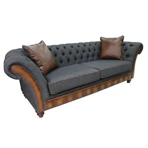 Chesterfield 3 Seater Sofa Antique Tan Leather Marinello Pewter Fabric In Jepson Style