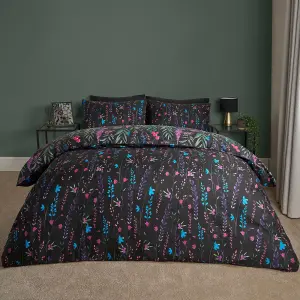 Botanical Floral Duvet Cover Bedding Set Reversible Quilt, Black - Double