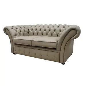 Chesterfield 2 Seater Sofa Settee Shelly Pebble Leather In Balmoral Style