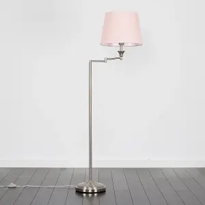 ValueLights Sinatra Adjustable Swing Arm Floor Lamp In Brushed Chrome Finish with Pink Tapered Light Shade with LED GLS Bulb