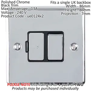 2 PACK 13A DP Switched Fuse Spur CHROME & Black Mains Isolation Wall Plate