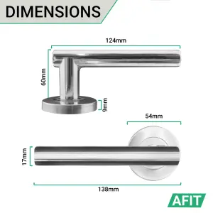 AFIT Chrome Door Handle - 4 Pairs Lever on Rose Round T-Bar Handles- Olvera Range - Polished Chrome