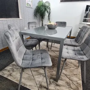 Grey Dining Table and 6 Grey Velvet Chairs Kitchen Dining Set of 6 Glass Table