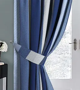 Home Curtains Seville Printed Stripe Lined 90w x 84d" (229x213cm) Blue Pencil Pleat Curtains (PAIR) With Tiebacks Included