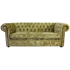 Chesterfield 3 Seater Sofa Settee Senso Chartreuse Green Velvet Fabric In Classic Style