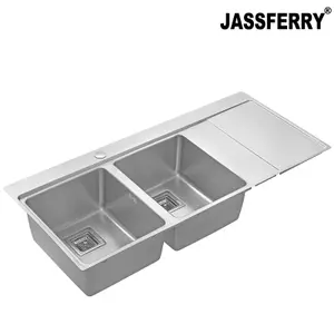 JASSFERRY Kitchen Sink 1.2 mm Stainless Steel 2.0 Bowl Righthand Drainer Square Strainer