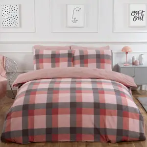 Dreamscene Check Teddy Duvet Cover Pillowcase Bedding Set, Blush - King