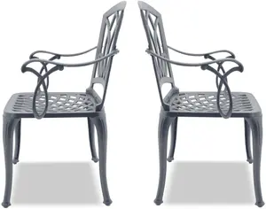 Homeology Positano 2-Large Garden and Patio Bistro Chairs with Armrests in Cast Aluminium Grey