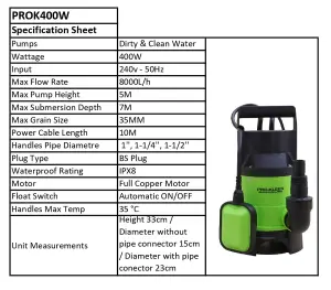 Pro-Kleen Submersible Water Pump Electric 400W with 20m Heavy Duty Layflat Hose for Clean or Dirty Water