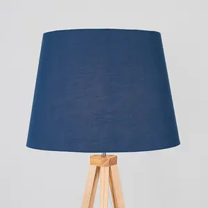 ValueLights Barbro Modern Light Wood Tripod Design Floor Lamp with Navy Blue Tapered Shade - Includes 6w LED GLS Bulb 3000K