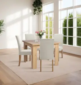 Hallowood Furniture Newquay Oak Flip Top Extending Table with 4 Upholstered Chairs in Beige Fabric