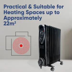 OIL Filled Radiator 9 Fin Black Heater Electric 2KW Free Standing Portable Oil Radiator with Thermostat - 3 Heater Settings, Built