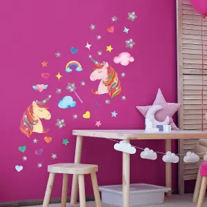 Walplus Cute Unicorn With Glitter Stars Kids Sticker Aluminium Film Pink, Silver, Multicoloured