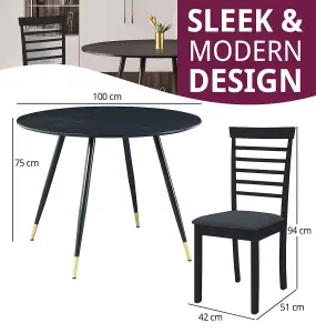 Hallowood Furniture Finley Small Round Dining Table in Black Finish with 2 Black Wooden Chairs