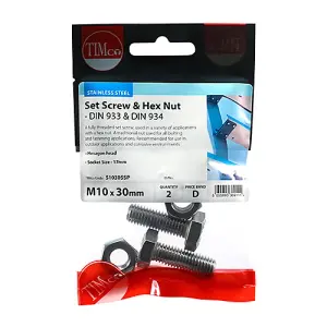 Timco - Set Screws & Hex Nuts - Stainless Steel (Size M10 x 30 - 2 Pieces)