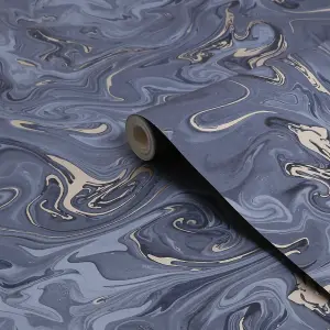 Fresco Liquid Marble Navy & Gold Wallpaper