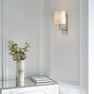 Luminosa Ortona Vintage Wall Lamp Bright Nickel White Fabric Shades with Toggle Switch