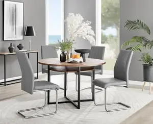 Adley Brown Wood Effect And Black Round Dining Table with Storage Shelf and 4 Grey Lorenzo Chairs for Modern Sleek Dining Room