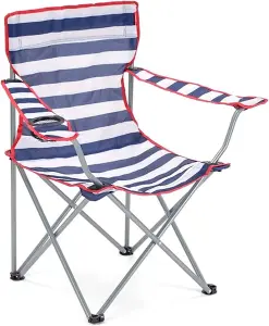 1 x Red & Blue Striped Foldable Outdoor Garden Camping Chairs With Cup Holder & Arm Rest