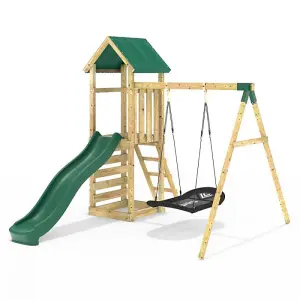 Rebo Adventure Wooden Climbing Frame, Swing Set and Slide - Elbrus Green