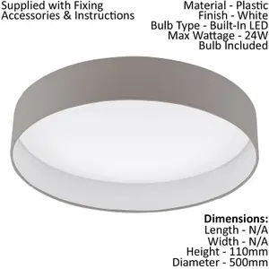 Flush Ceiling Light Colour White Shade Taupe Fabric Bulb LED 24W Included